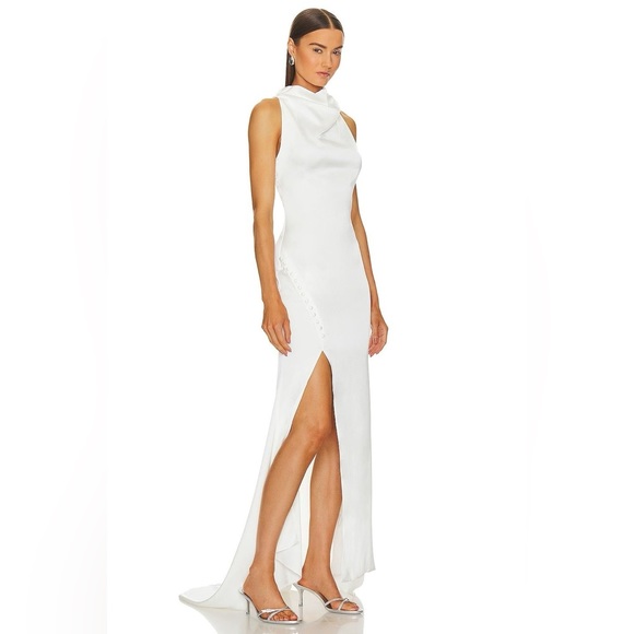 REVOLVE white high neck gown wedding with buttons and slit - Picture 3 of 6
